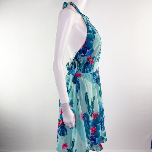 Modcloth Women's Sz L BLOGGER THE BETTER Floral Cactus Halter Dress Green/Pink - Picture 6 of 10